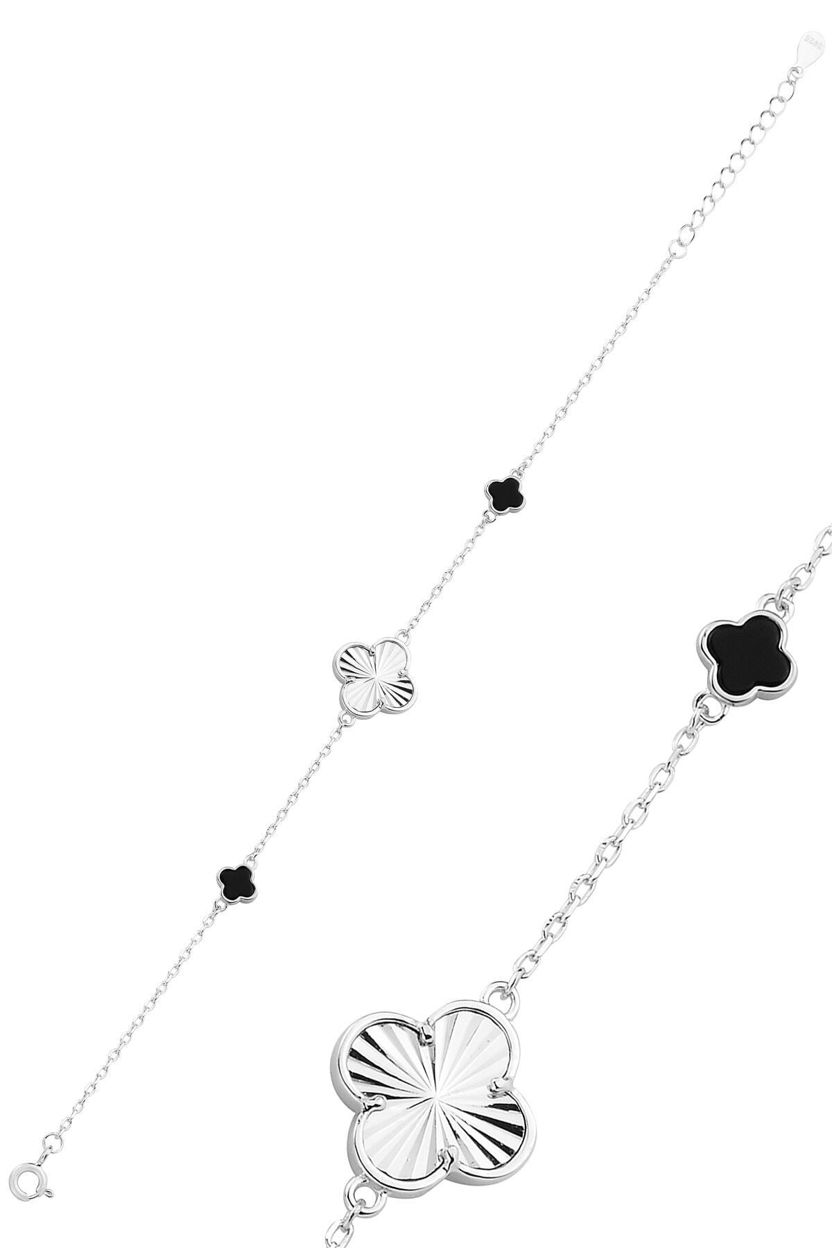 Gümüş rodyumlu siyah sedef taşlı lazerli talih yoncası bileklik SGTL12864SİYAH