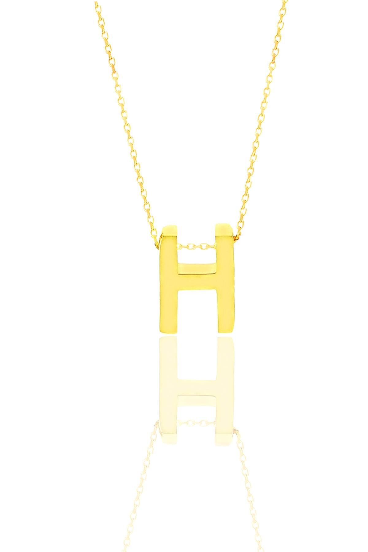 Gümüş altın yaldızlı üç boyutlu minimal H harf kolye SGTL11180H