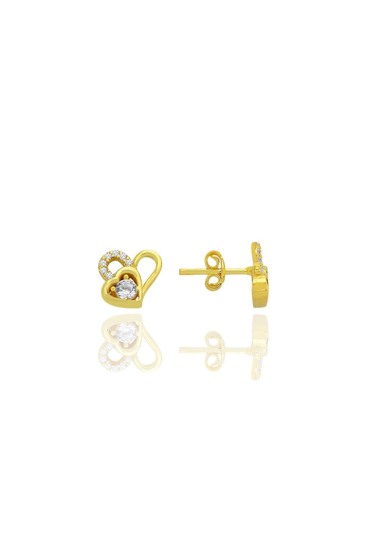 Gümüş altın yaldızlı zirkon taşlı birleşen kalpler küpe SGTL12770GOLD