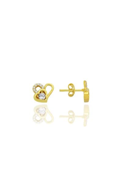 Gümüş altın yaldızlı zirkon taşlı birleşen kalpler küpe SGTL12770GOLD