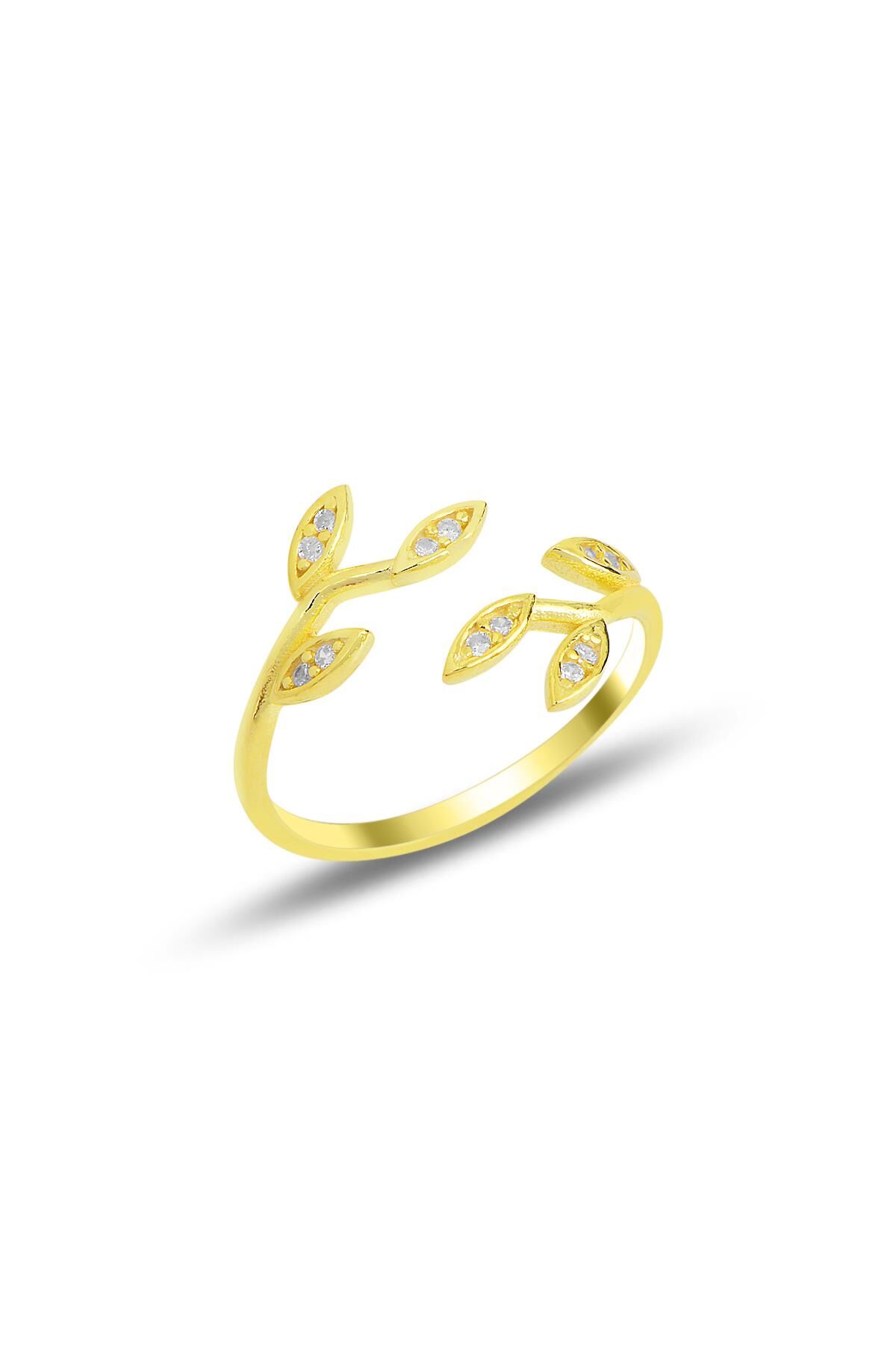 Gümüş altın yaldızlı zirkon taşlı üstten ayarlamalı yaprak yüzük SGTL11692GOLD