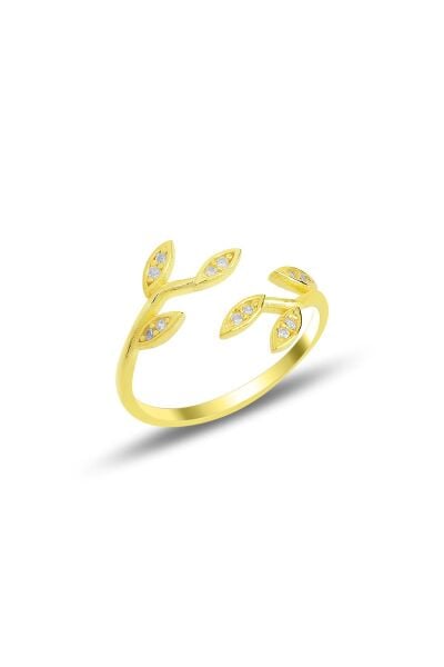 Gümüş altın yaldızlı zirkon taşlı üstten ayarlamalı yaprak yüzük SGTL11692GOLD