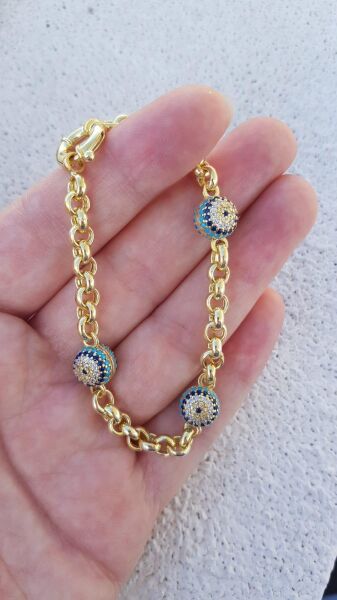 Gümüş büyük boy turkuaz taşlı nazarlı bileklik Gold