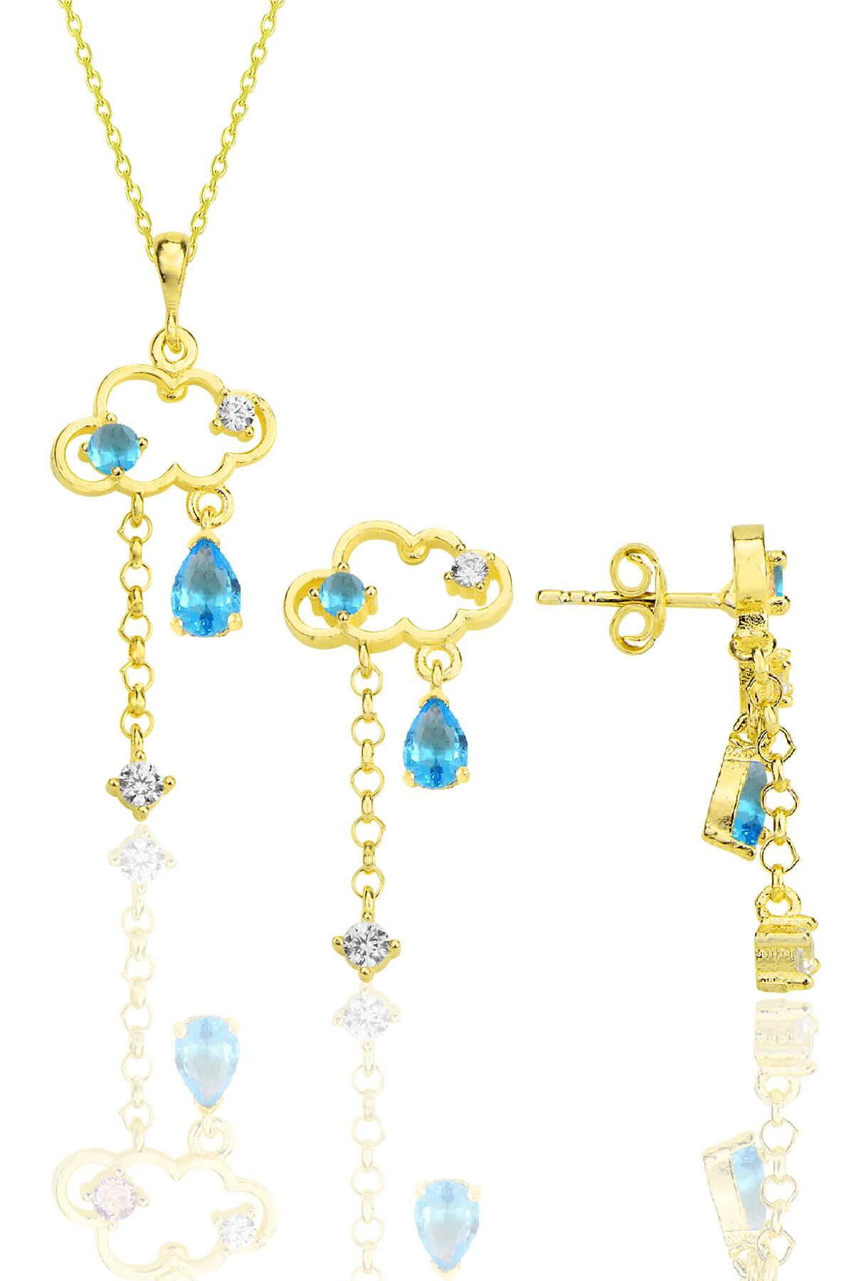 Gümüş altın yaldızlı akuamarin ve zirkon taşlı bulut kolye ve küpe ikili set SGTL12352GOLD