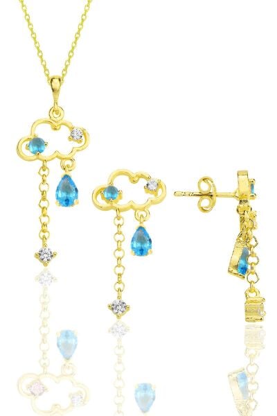 Gümüş altın yaldızlı akuamarin ve zirkon taşlı bulut kolye ve küpe ikili set SGTL12352GOLD