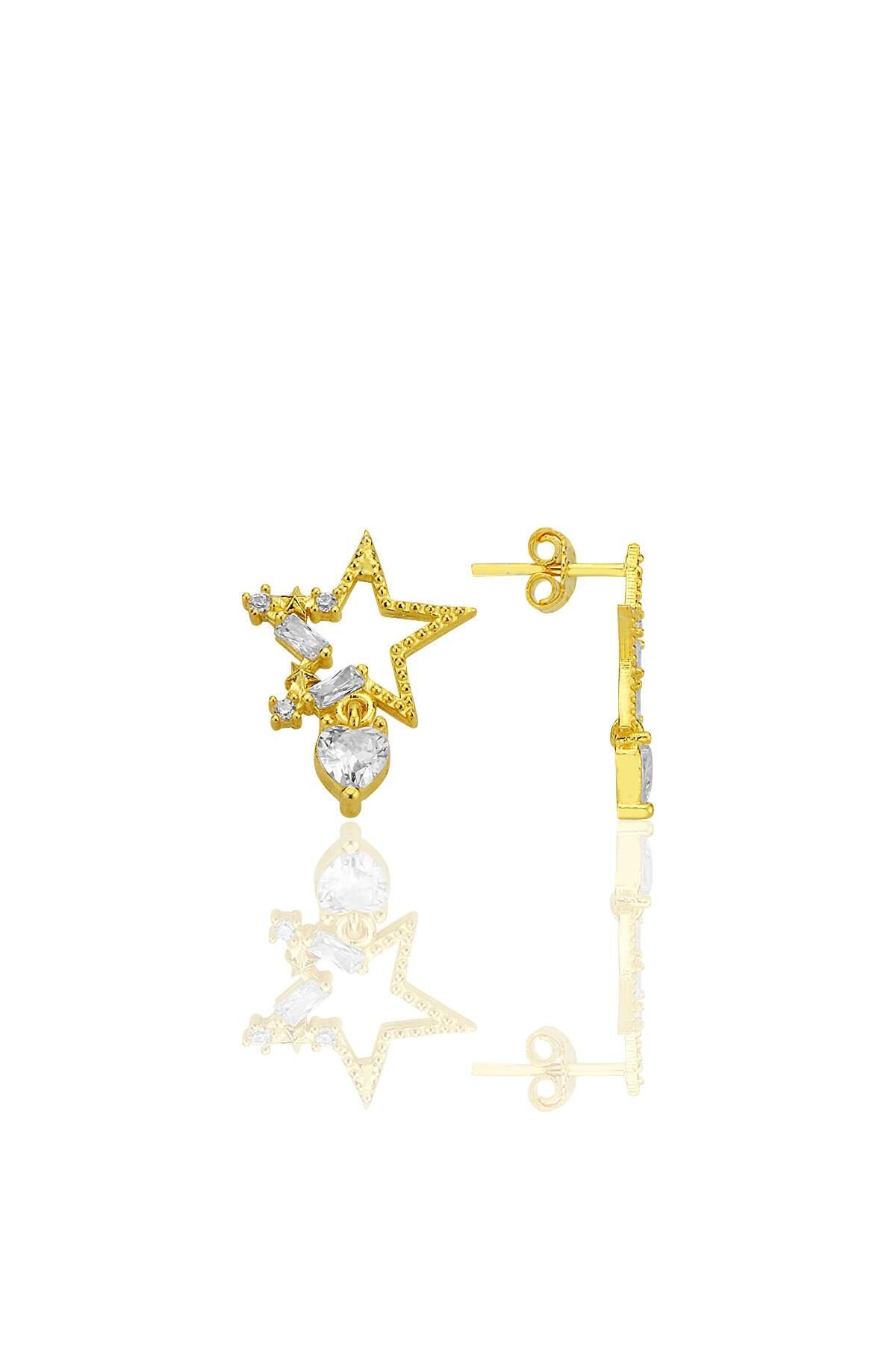 Gümüş altın yaldızlı baget kesim zirkon taşlı kalp sallantılı yıldız küpe SGTL12771GOLD