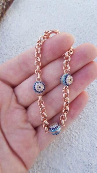 Gümüş büyük boy turkuaz taşlı nazarlı bileklik Rose