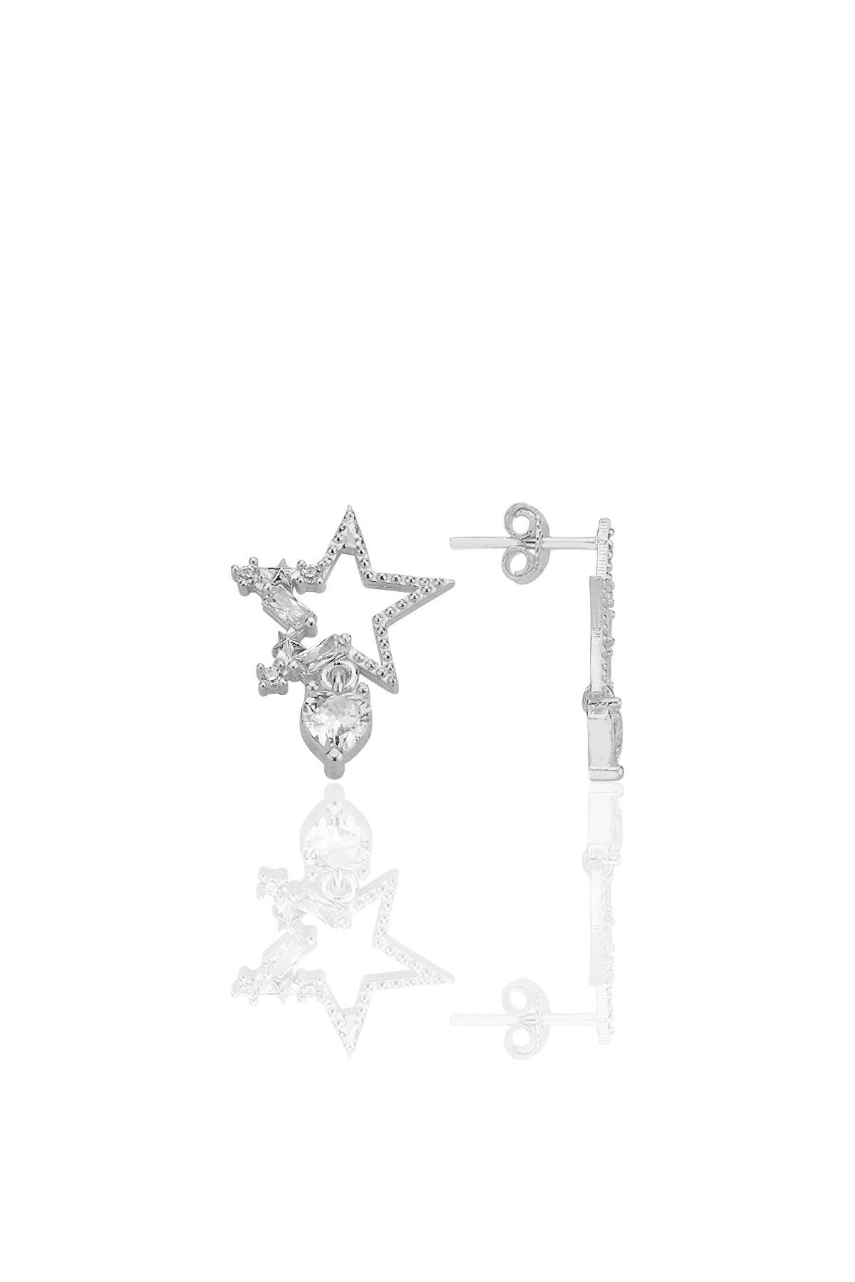 Gümüş rodyumlu baget kesim zirkon taşlı kalp sallantılı yıldız küpe SGTL12771RODAJ