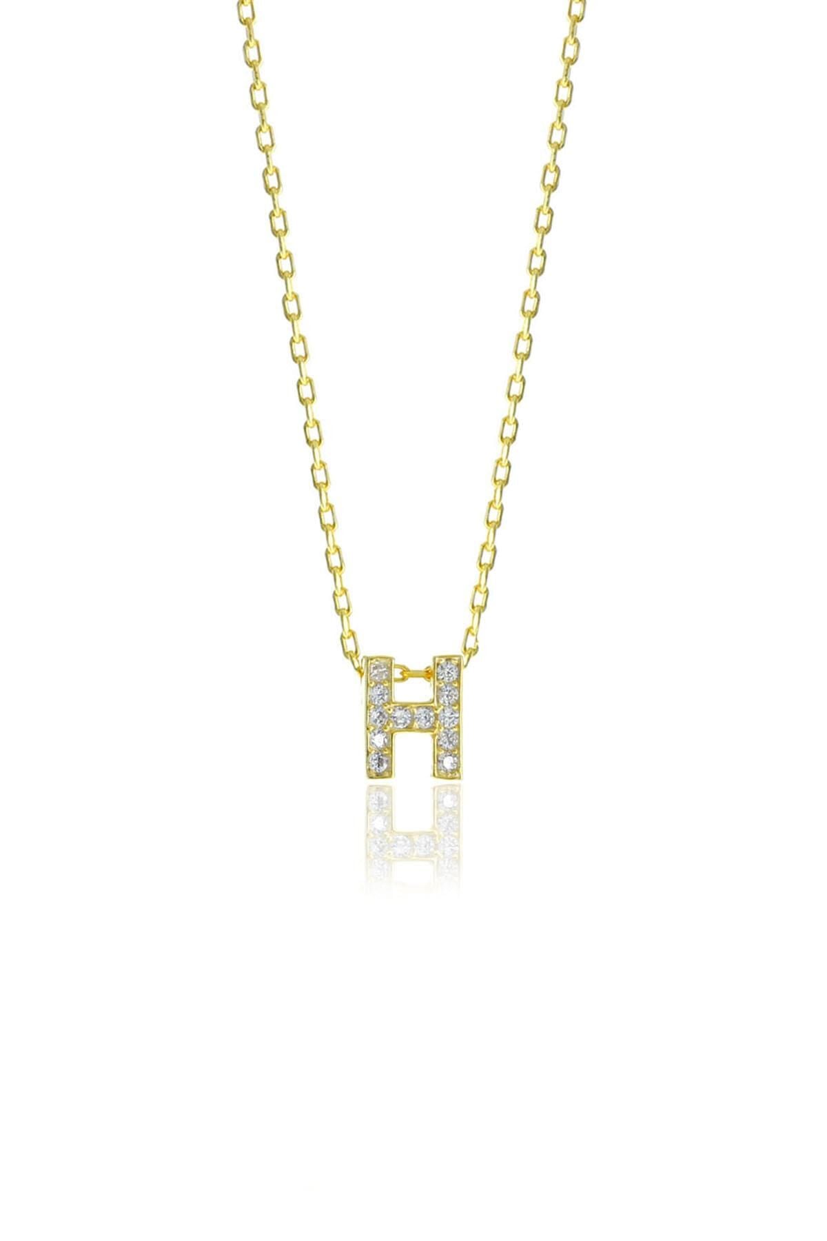 Gümüş  altın yaldızlı üç boyutlu minimal H gümüş harf kolye SGTL10618H