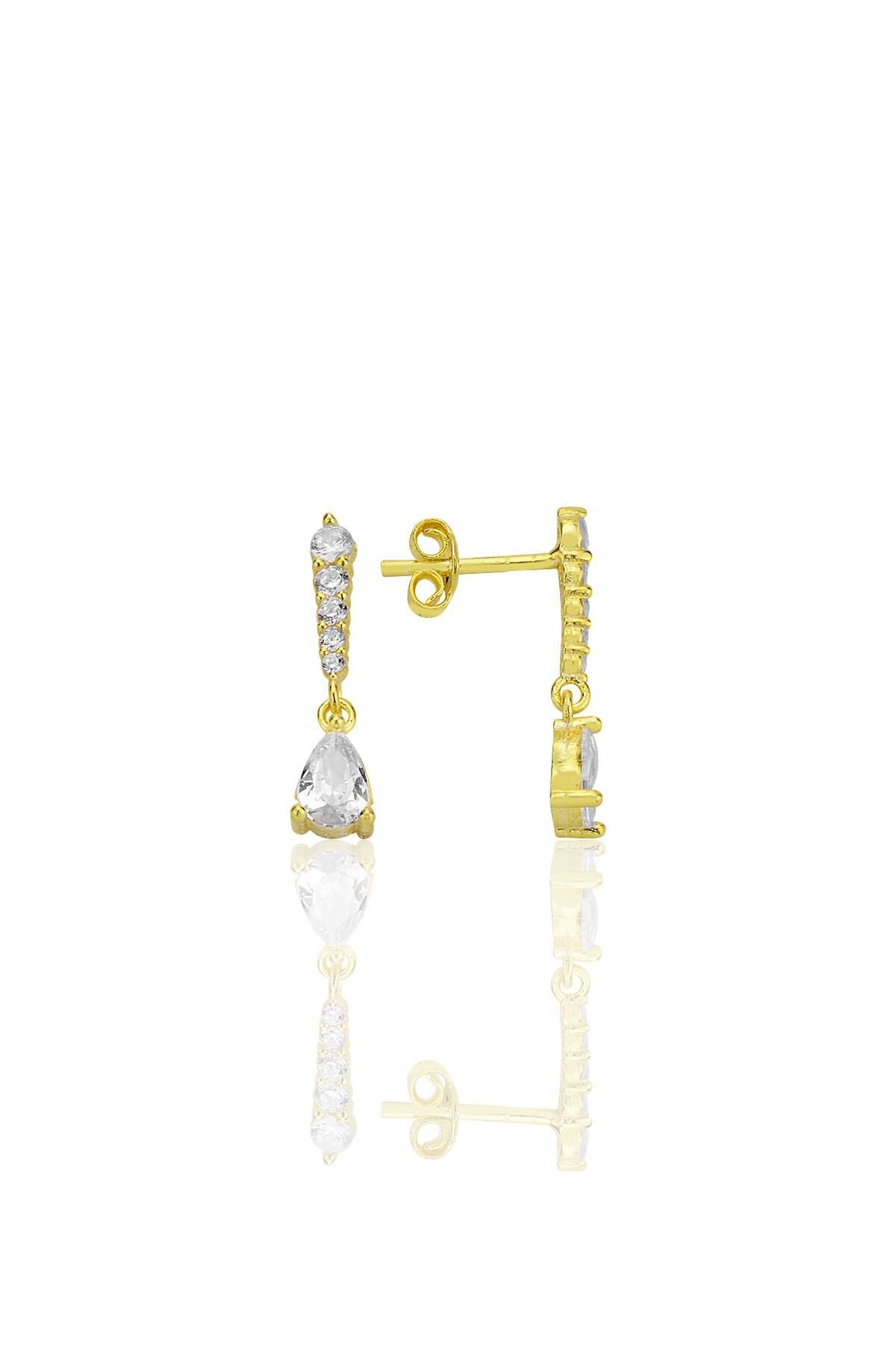 Gümüş altın yaldızlı sıra taşlı sallantılı damla küpe SGTL12773GOLD