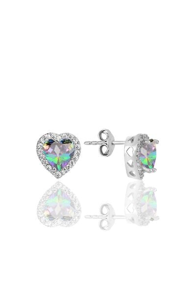 Gümüş rodyumlu mistik taşlı pırlanta montürlü Kalp modeli küpe SGTL12083MISTIK