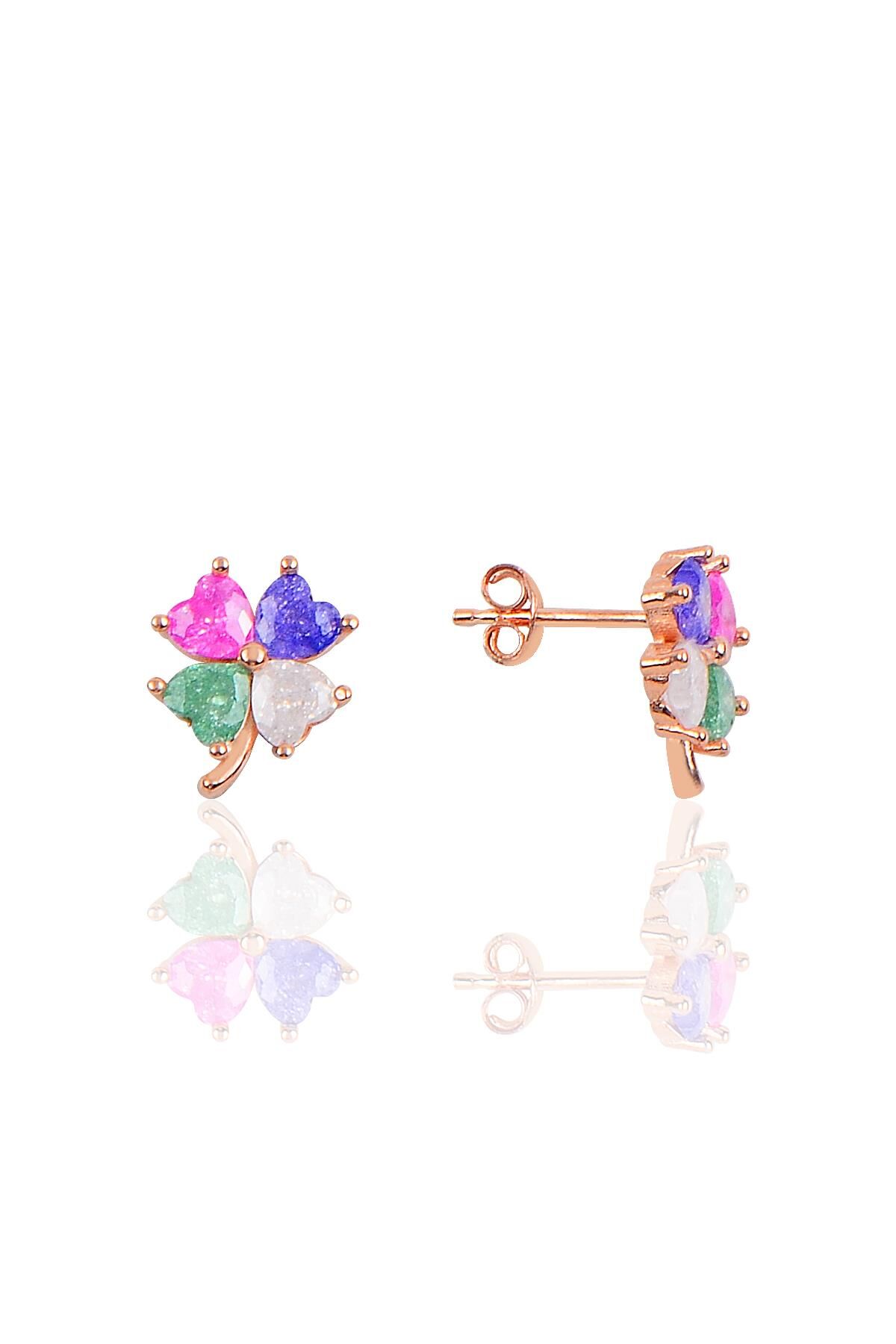 Gümüş yonca modeli kristalize renkli taşlı küpe SGTL10066MİX SGTL10066MİX