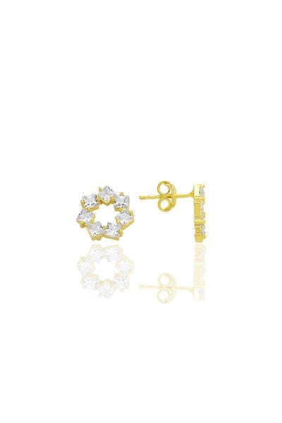 Gümüş altın yaldızlı baget kesim zirkon taşlı yıldız çiçeği  küpe SGTL12774GOLD