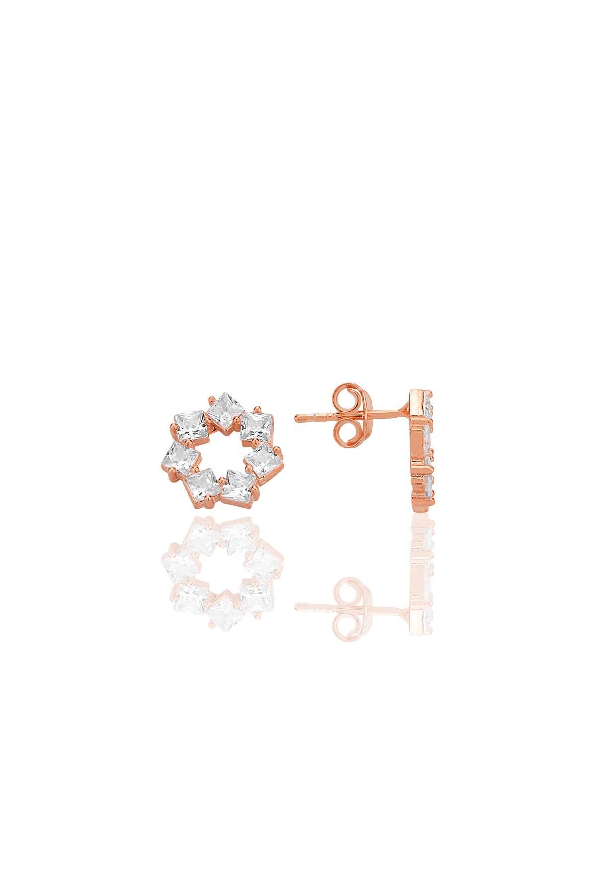 Gümüş rose baget kesim zirkon taşlı yıldız çiçeği  küpe SGTL12774ROSE