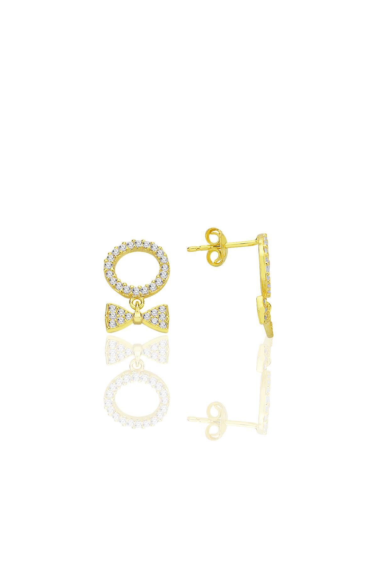 Gümüş altın yaldızlı zirkon taşlı sallantılı fiyonk küpe SGTL12775GOLD