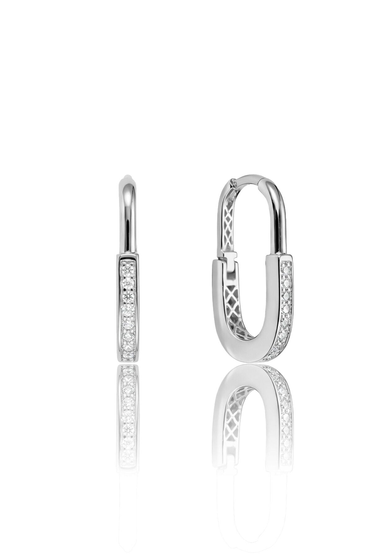 925 Ayar Gümüş Küpe Beyaz Altın Rodyum Kaplama Zirkon Taşlı Dikdörtgen Halka Küpe - Geometrik Tasarım SGTL13271RODAJ