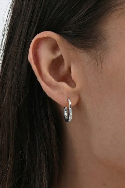 925 Ayar Gümüş Küpe Beyaz Altın Rodyum Kaplama Zirkon Taşlı Dikdörtgen Halka Küpe - Geometrik Tasarım SGTL13271RODAJ