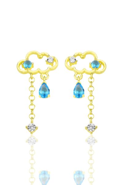 Gümüş altın yaldızlı akuamarin ve zirkon taşlı bulut küpe SGTL12346GOLD