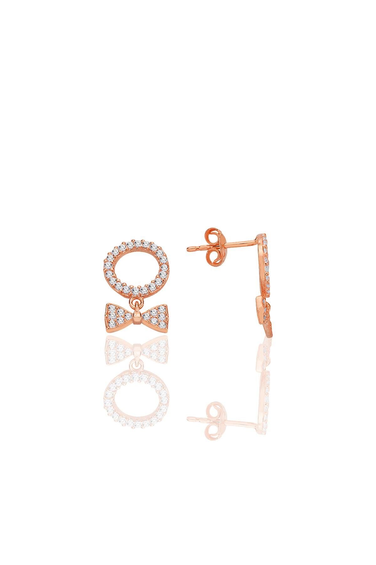 Gümüş rose zirkon taşlı sallantılı fiyonk küpe SGTL12775ROSE