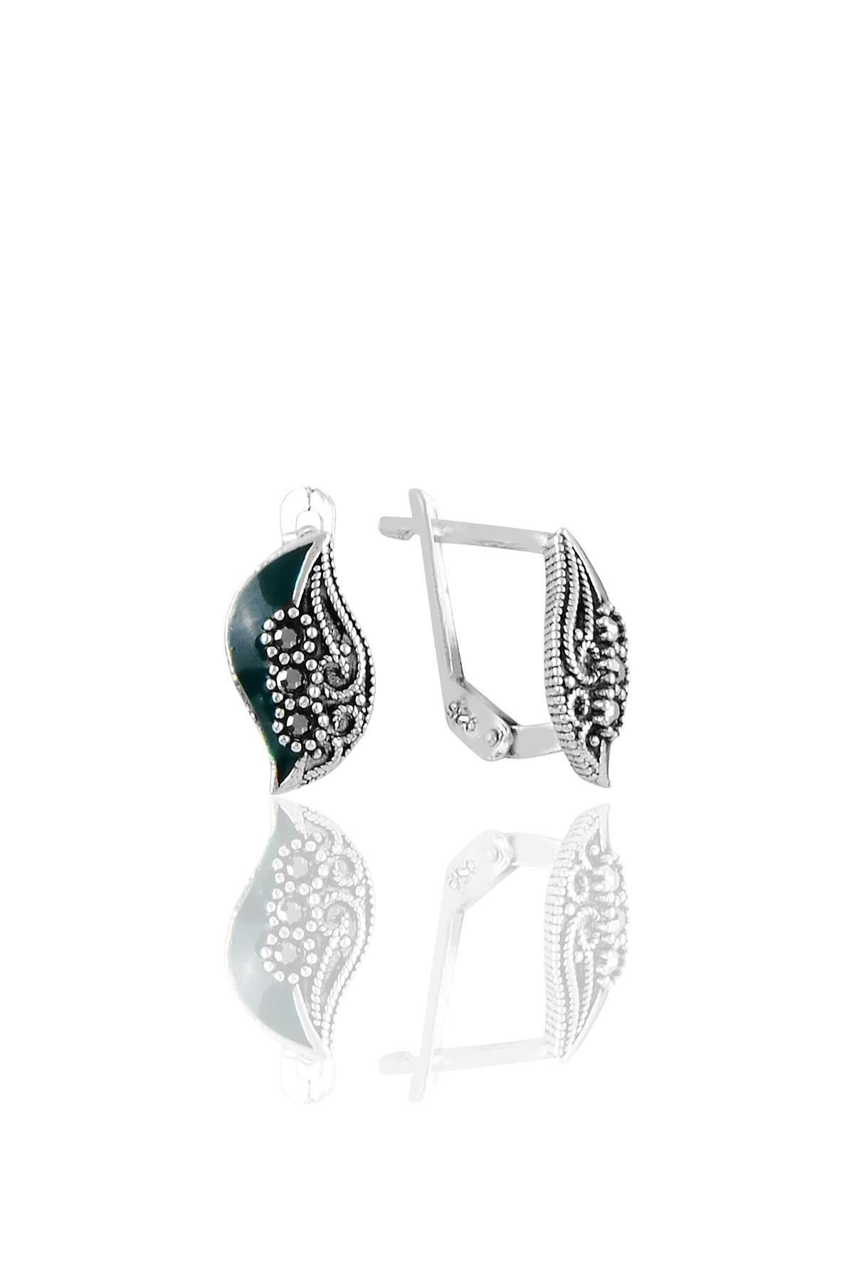 Gümüş yeşil mineli yaprak modeli markazit taşlı küpe SGTL11176YESIL