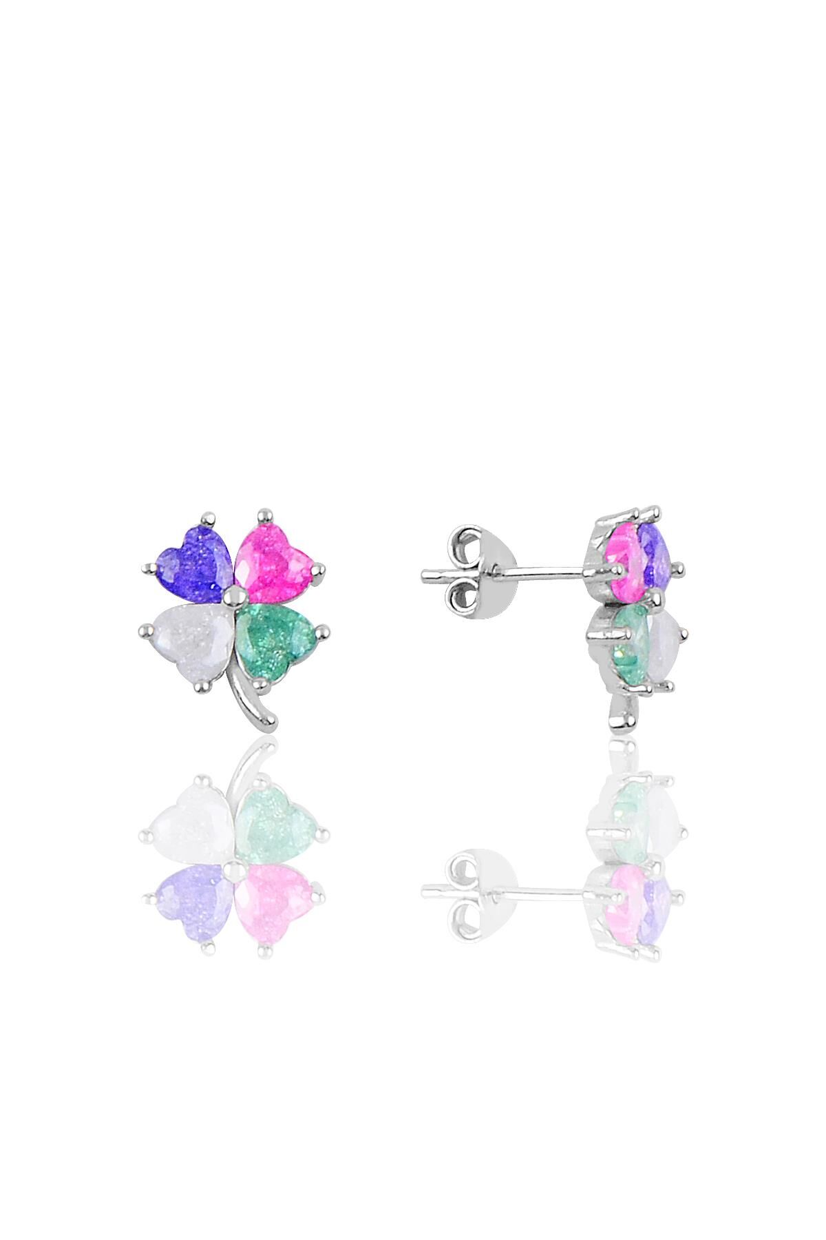 Gümüş yonca modeli kristalize renkli taşlı küpe SGTL10067MİX SGTL10067MİX