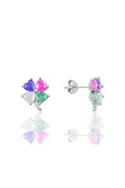 Gümüş yonca modeli kristalize renkli taşlı küpe SGTL10067MİX SGTL10067MİX