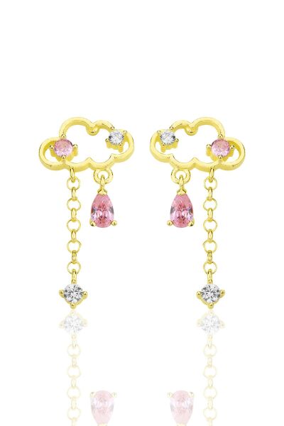 Gümüş altın yaldızlı pembe zirkon taşlı bulut küpe SGTL12347GOLD