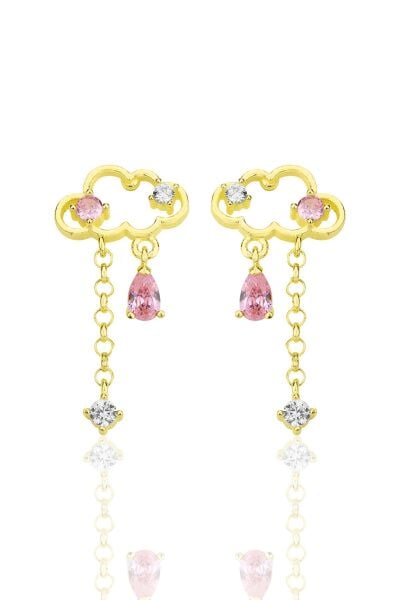 Gümüş altın yaldızlı pembe zirkon taşlı bulut küpe SGTL12347GOLD