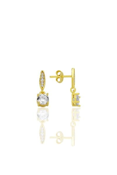 Gümüş altın yaldızlı zirkon taşlı sallantılı tektaş küpe SGTL12776GOLD