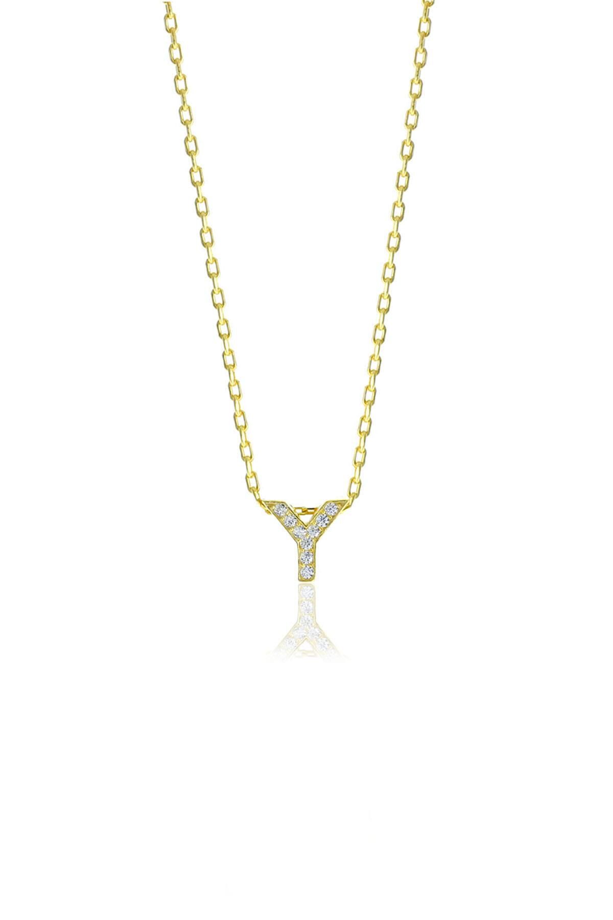 Gümüş  altın yaldızlı üç boyutlu minimal Y gümüş harf kolye SGTL10618Y