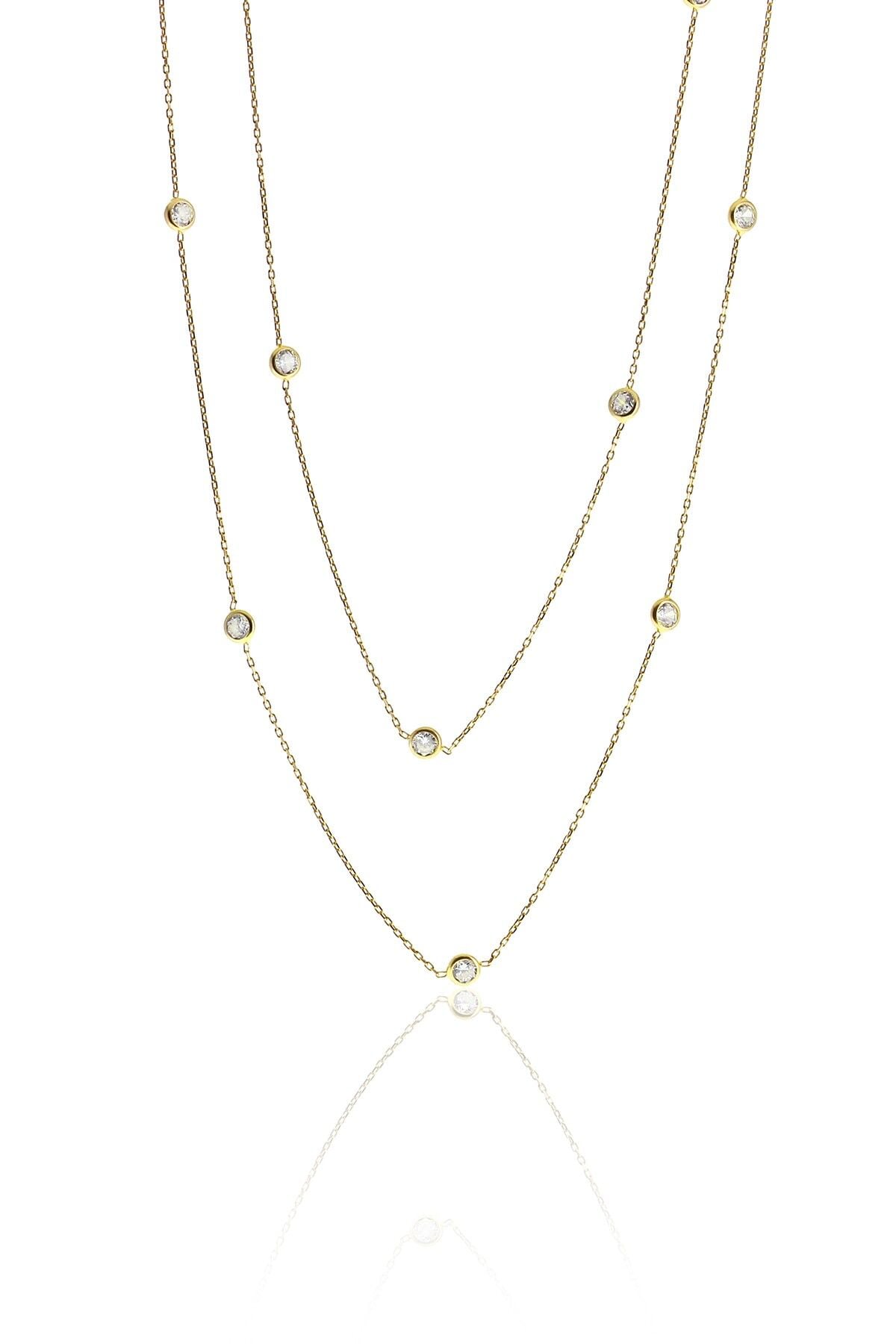 Gümüş altın yaldızlı  Zirkon Sıra Taşlı Kolye 100 cm SGTL10506GOLD