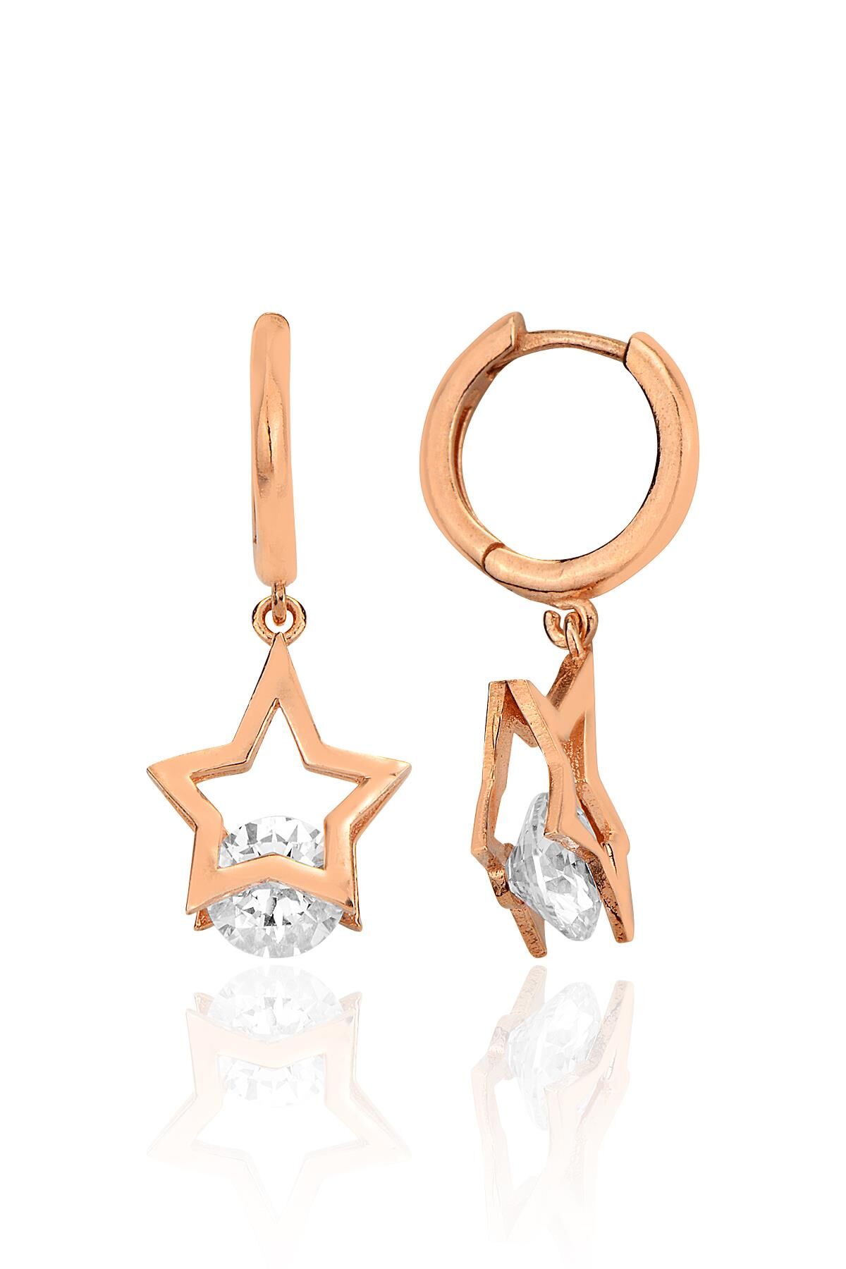 Gümüş rose özel tasarım zirkon tek taşlı yıldız küpe SGTL12418ROSE
