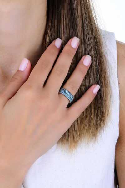 Gümüş rose turkuaz taşlı 5 sıra tamtur yüzük