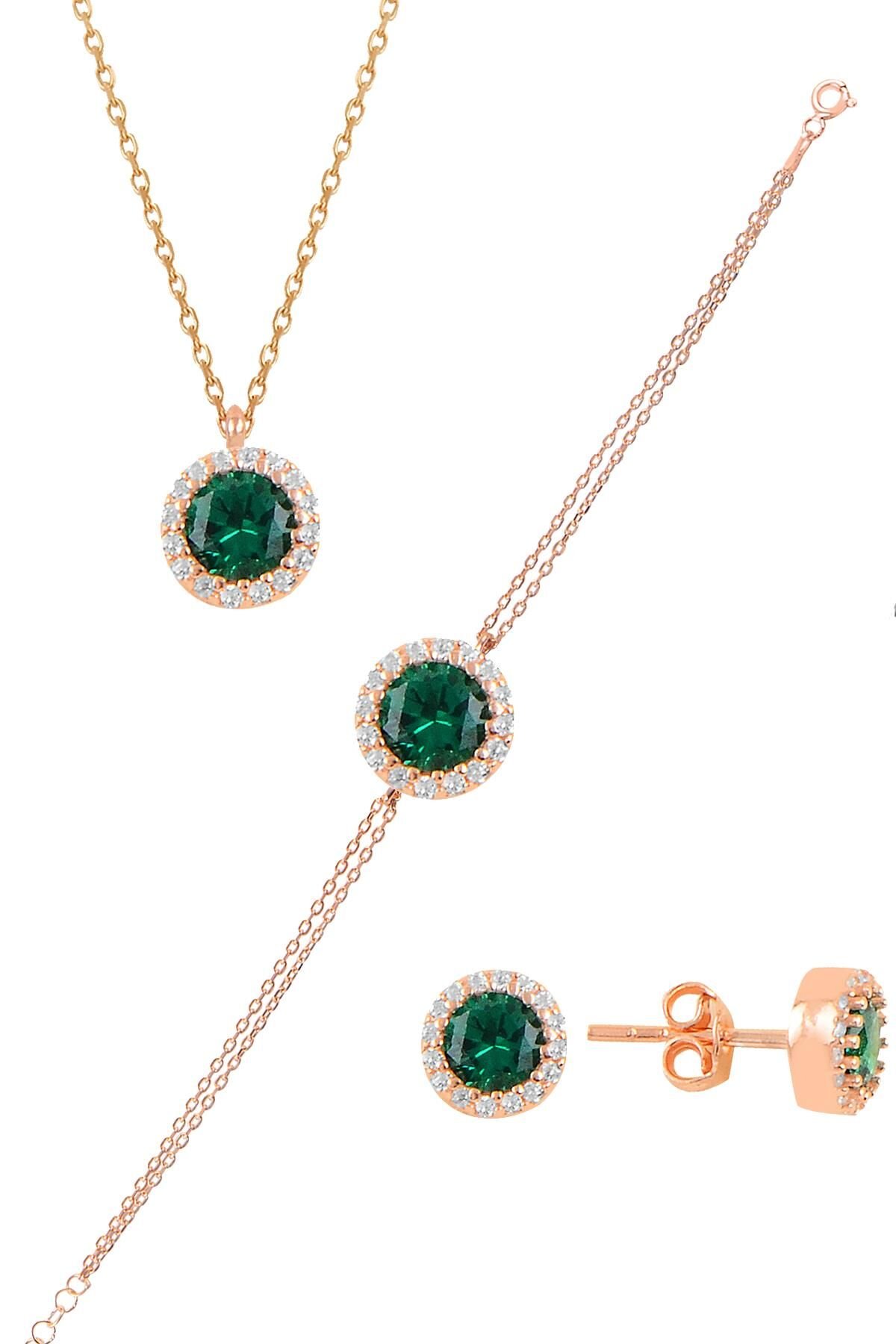 Gümüş rose zirkon ve  kök zümrüt taşlı pırlanta modeli üçlü set SGTL11175YESIL