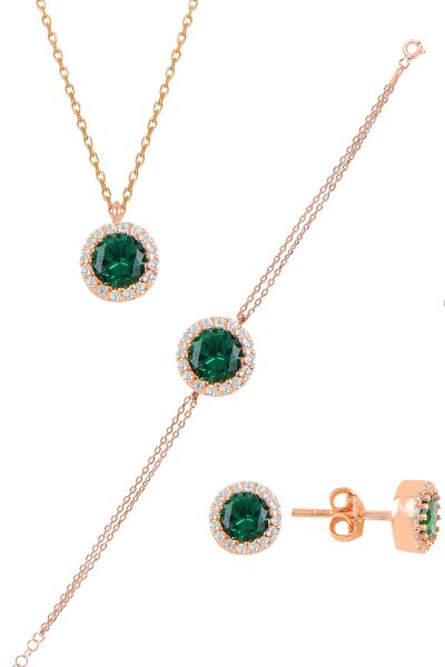 Gümüş rose zirkon ve  kök zümrüt taşlı pırlanta modeli üçlü set SGTL11175YESIL