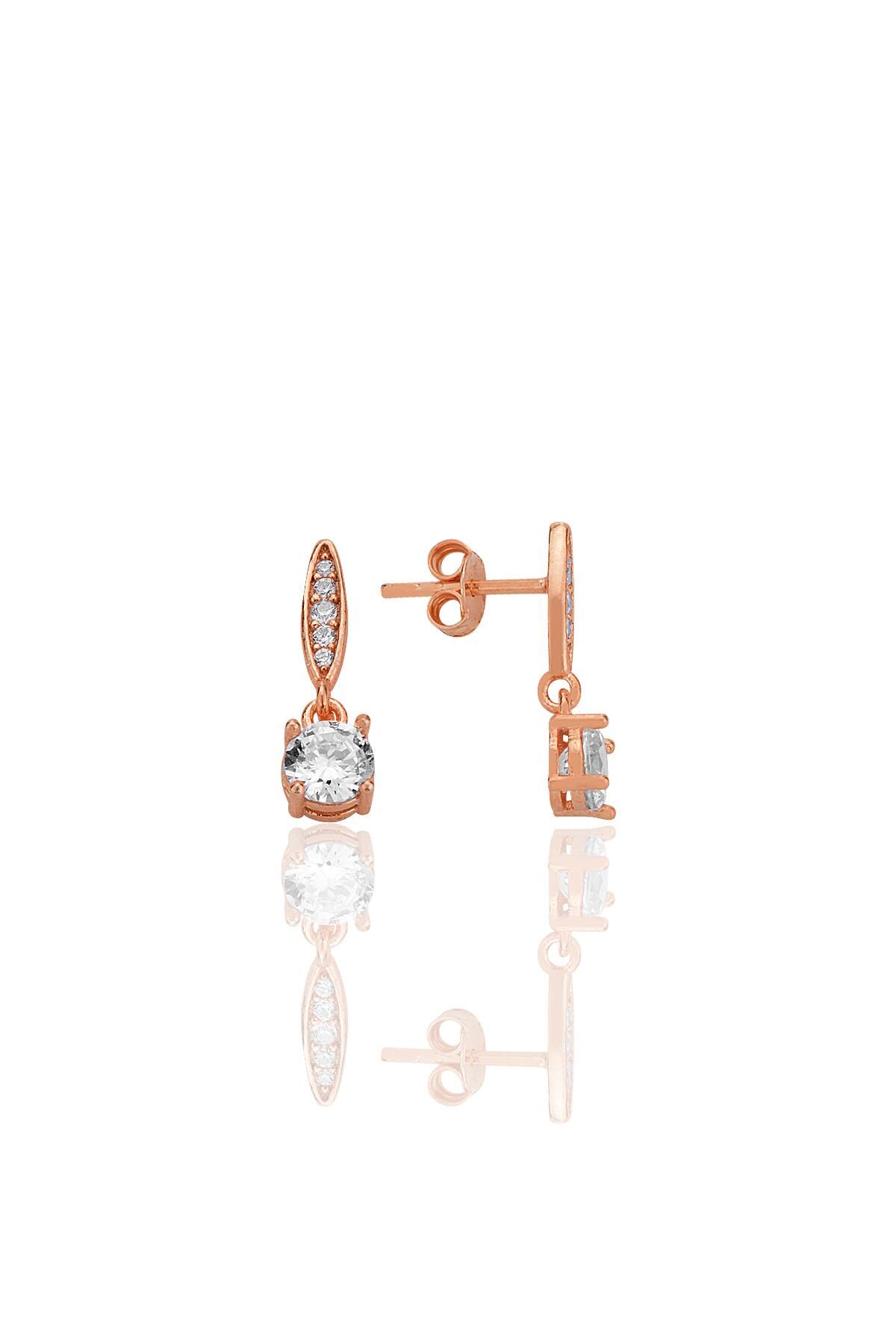 Gümüş rose zirkon taşlı sallantılı tektaş küpe SGTL12776ROSE