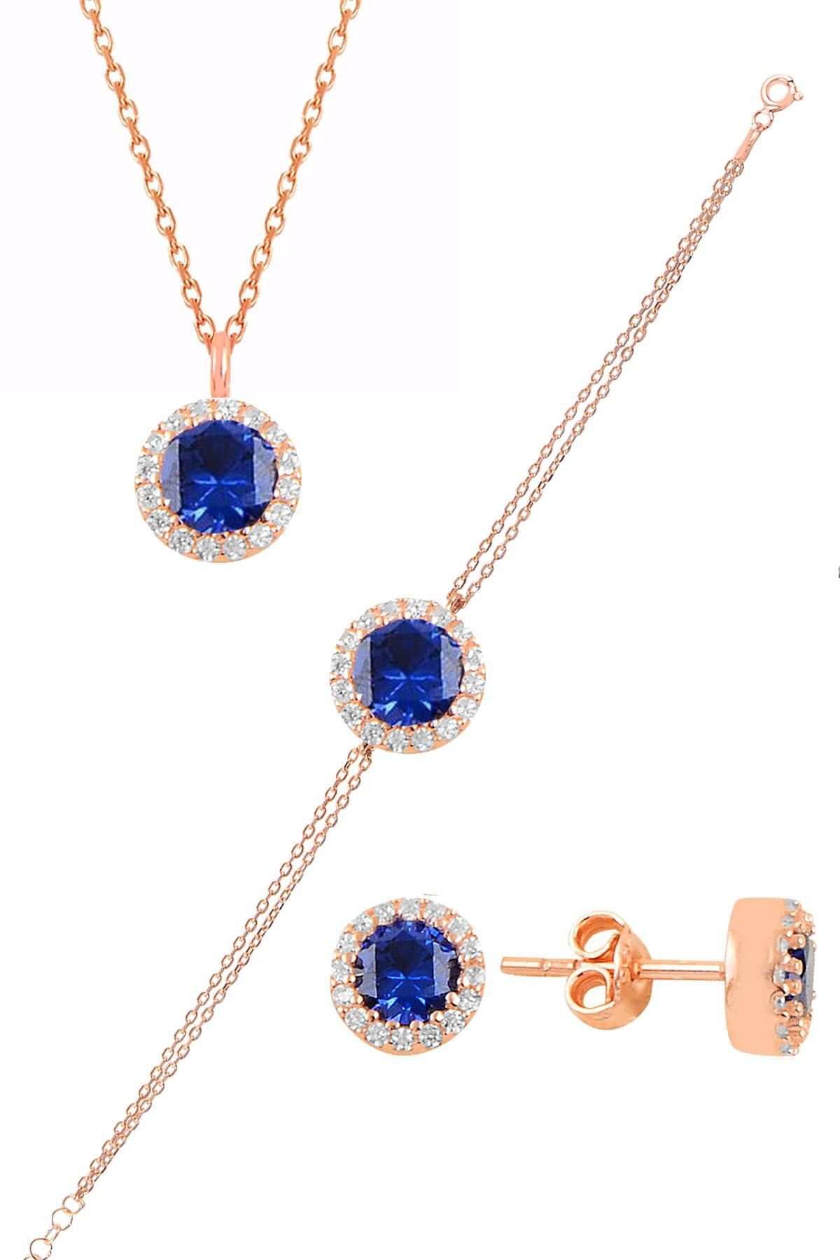 Gümüş rose zirkon ve  safir taşlı pırlanta modeli üçlü set SGTL11175LACI