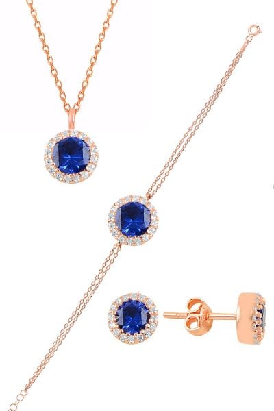 Gümüş rose zirkon ve  safir taşlı pırlanta modeli üçlü set SGTL11175LACI