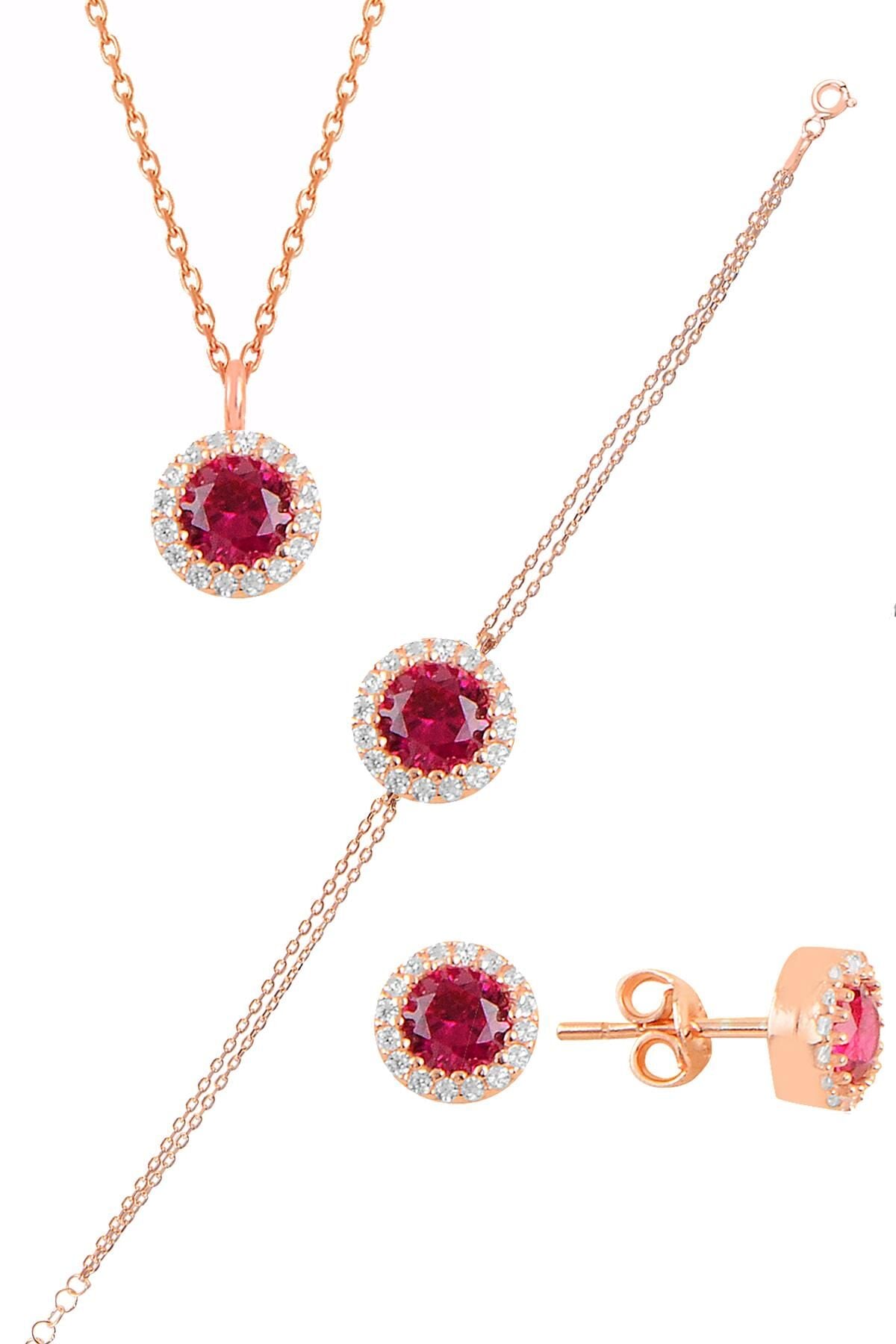 Gümüş rose zirkon ve  kök yakut taşlı pırlanta modeli üçlü set SGTL11175KIRMIZI