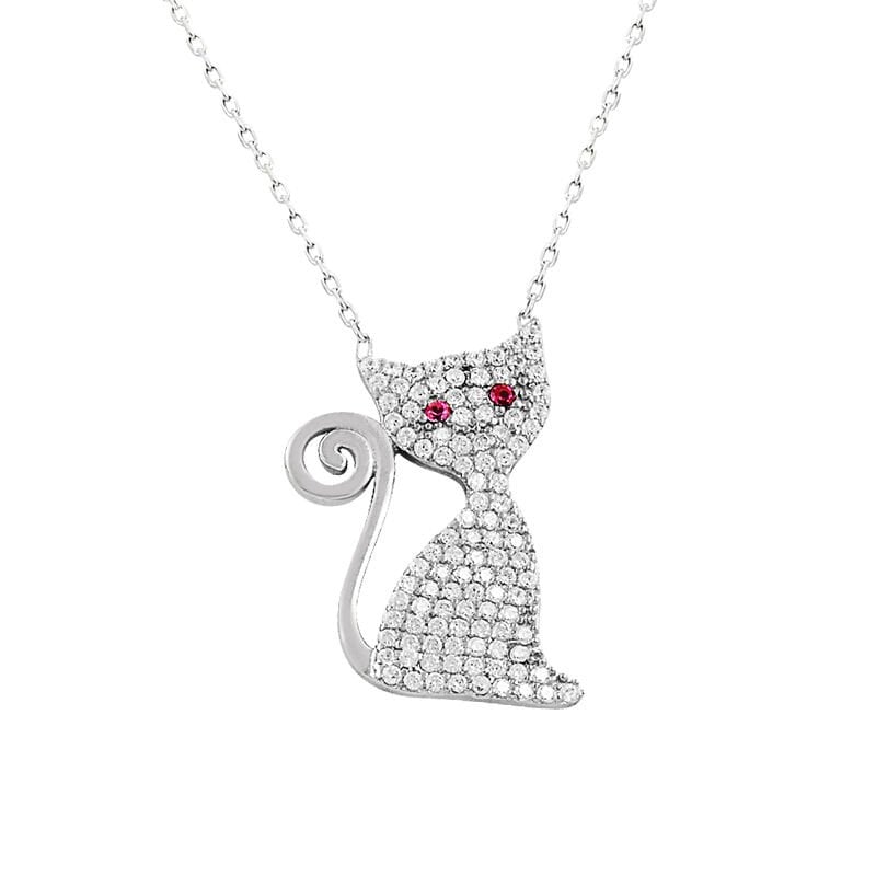 Rodyumyu zirkon taşlı kedi kolye SGTL2118