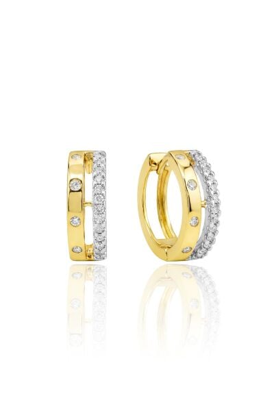 925 Ayar Gümüş Küpe Altın Kaplama Çift Sıra, İki Renk, Zirkon Taşlı Halka Küpe modern tasarım SGTL13266GOLD