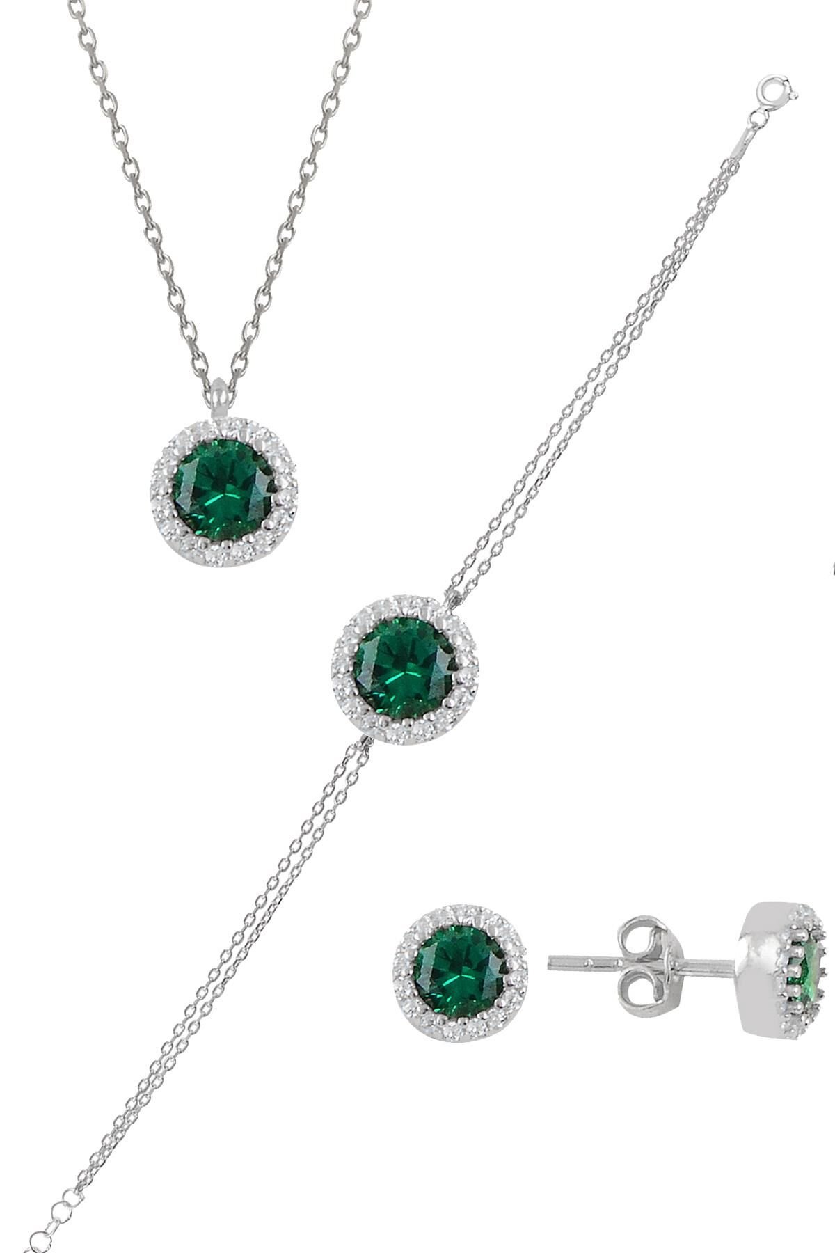 Gümüş rodyumlu zirkon ve  kök zümrüt taşlı pırlanta modeli üçlü set SGTL11174YESIL