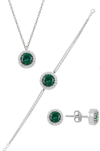 Gümüş rodyumlu zirkon ve  kök zümrüt taşlı pırlanta modeli üçlü set SGTL11174YESIL