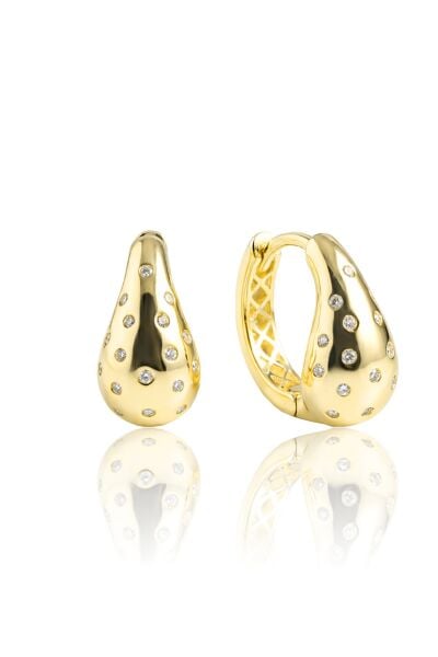 925 Ayar Gümüş Küpe Altın Kaplama Zirkon Taşlı Bottega Su Damlası Halka Küpe - Bombeli Modern Tasarım SGTL13267GOLD