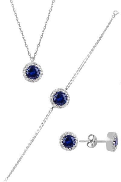 Gümüş rodyumlu zirkon ve  safir taşlı pırlanta modeli üçlü set SGTL11174LACI