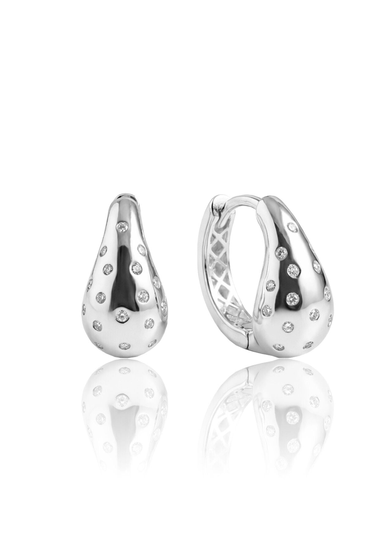 925 Ayar Gümüş Küpe Beyaz Altın Rodyumlu Zirkon Taşlı Bottega Su Damlası Halka Küpe -Bombeli Modern Tasarım SGTL13267RODAJ