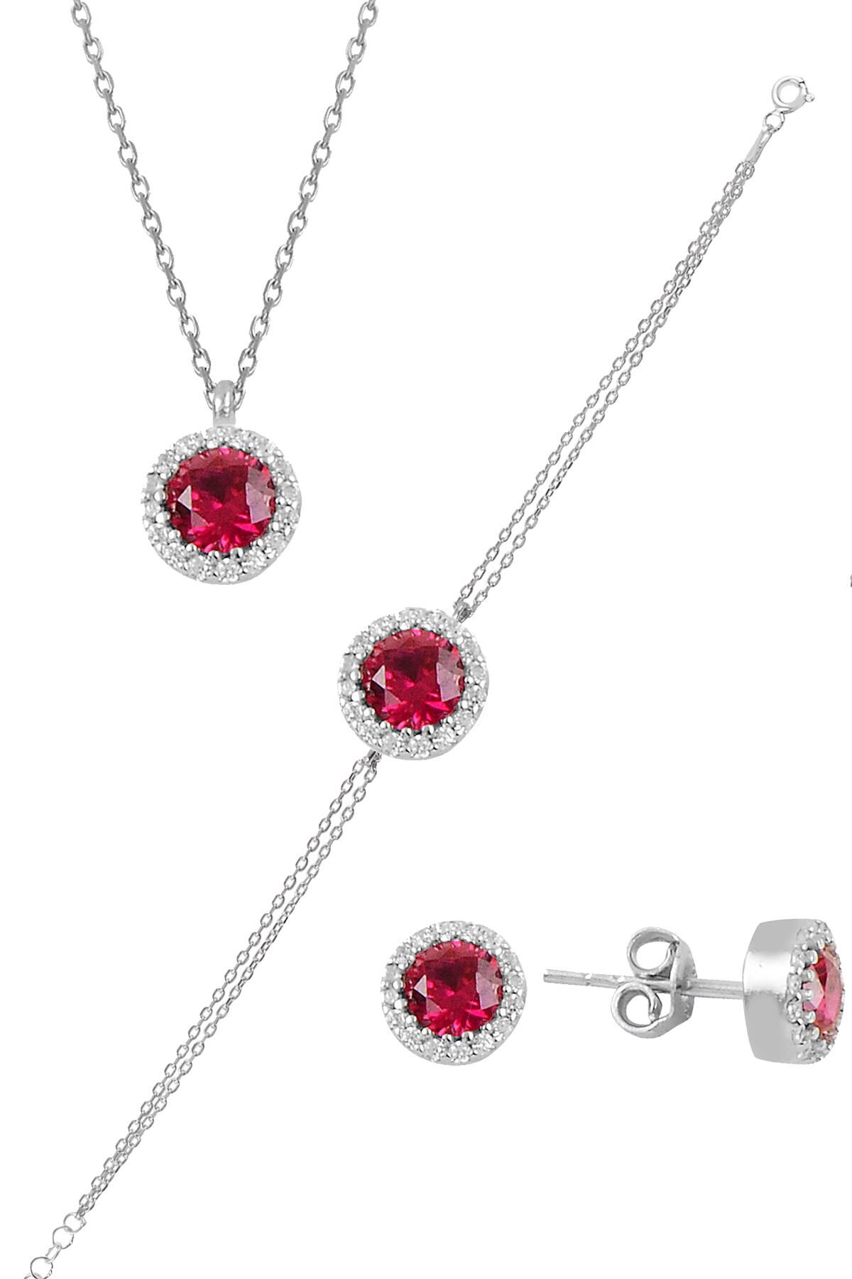 Gümüş rodyumlu zirkon ve  kök yakut taşlı pırlanta modeli üçlü set SGTL11174KIRMIZI