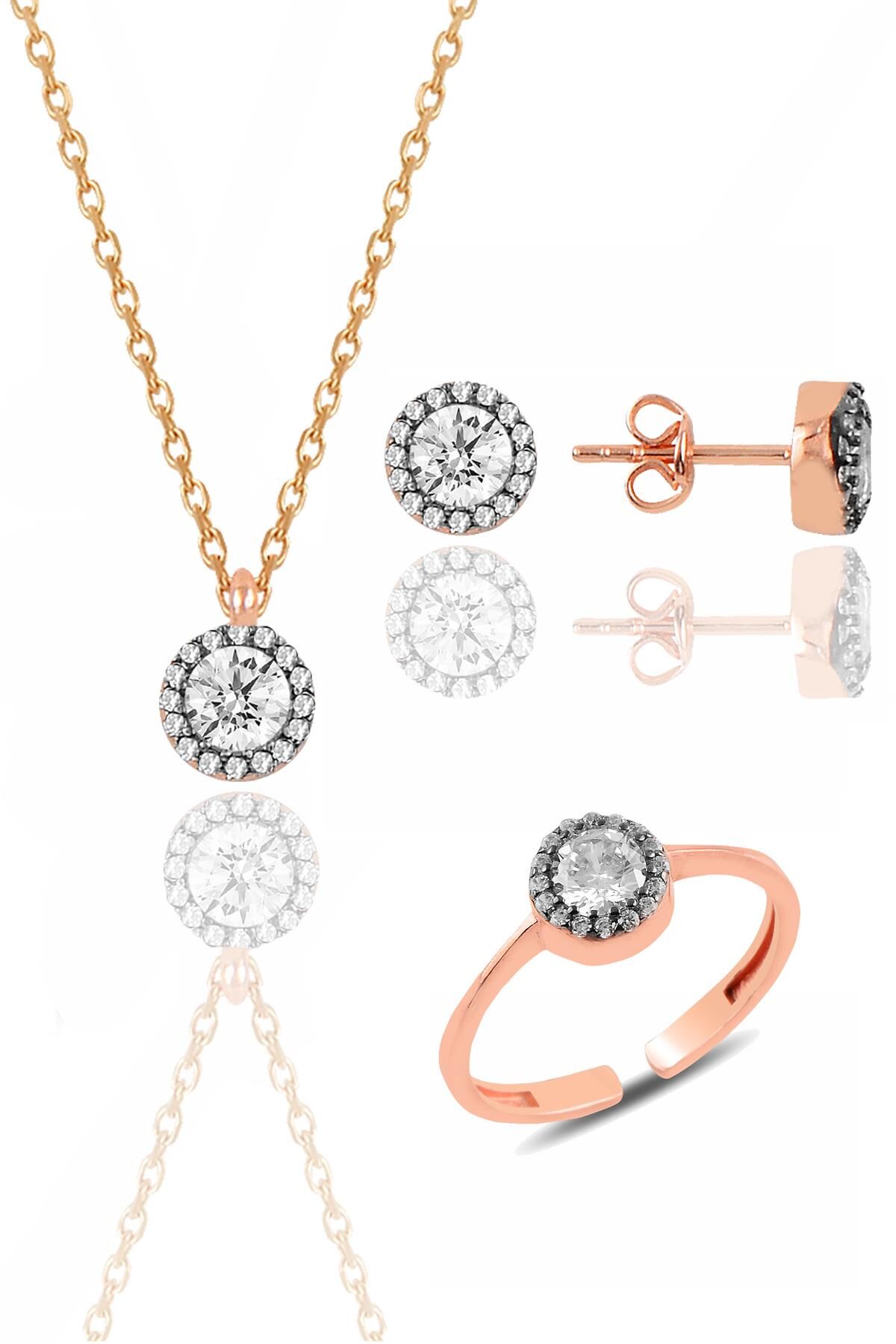 Gümüş rose zirkon taşlı elmas  montürlü  üçlü set SGTL11173ROSE