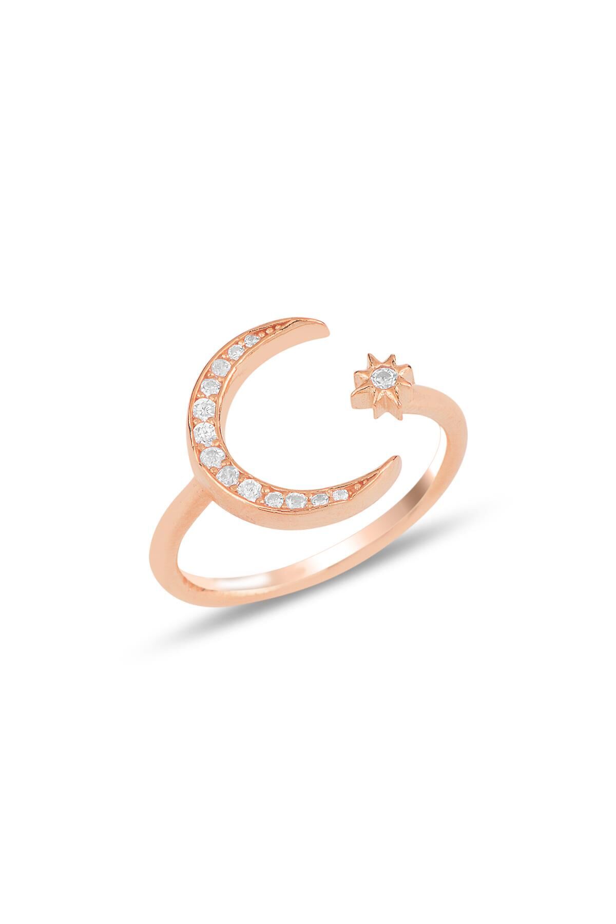 Gümüş rose ayarlamalı ay yıldız yüzük SGTL11683ROSE