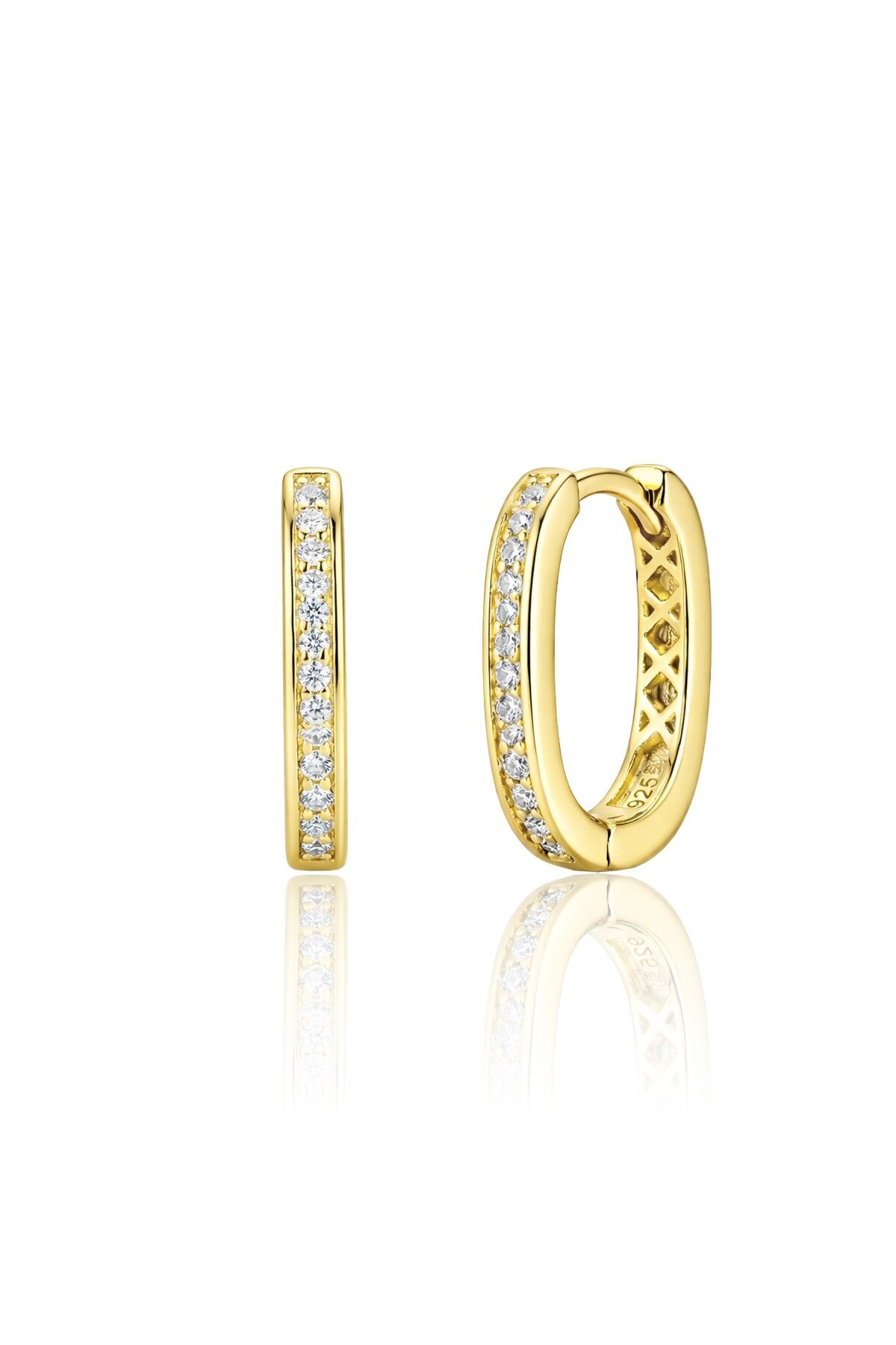 925 Ayar Gümüş Küpe Altın Kaplama Zirkon Taşlı Oval Halka Küpe -  U model-Halka Tasarım SGTL13270GOLD